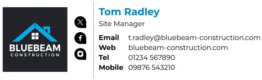 An example of a professional email signature with building company logo