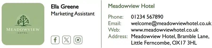 An example of a professional email signature with hotel company logo