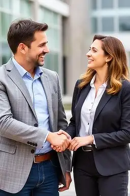 Two smiling business people shaking hands