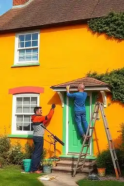 Two builders working on a bright yellow house
