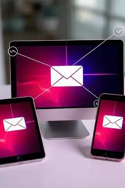 Computer screen, tablet and mobile showing email and connectivity icons