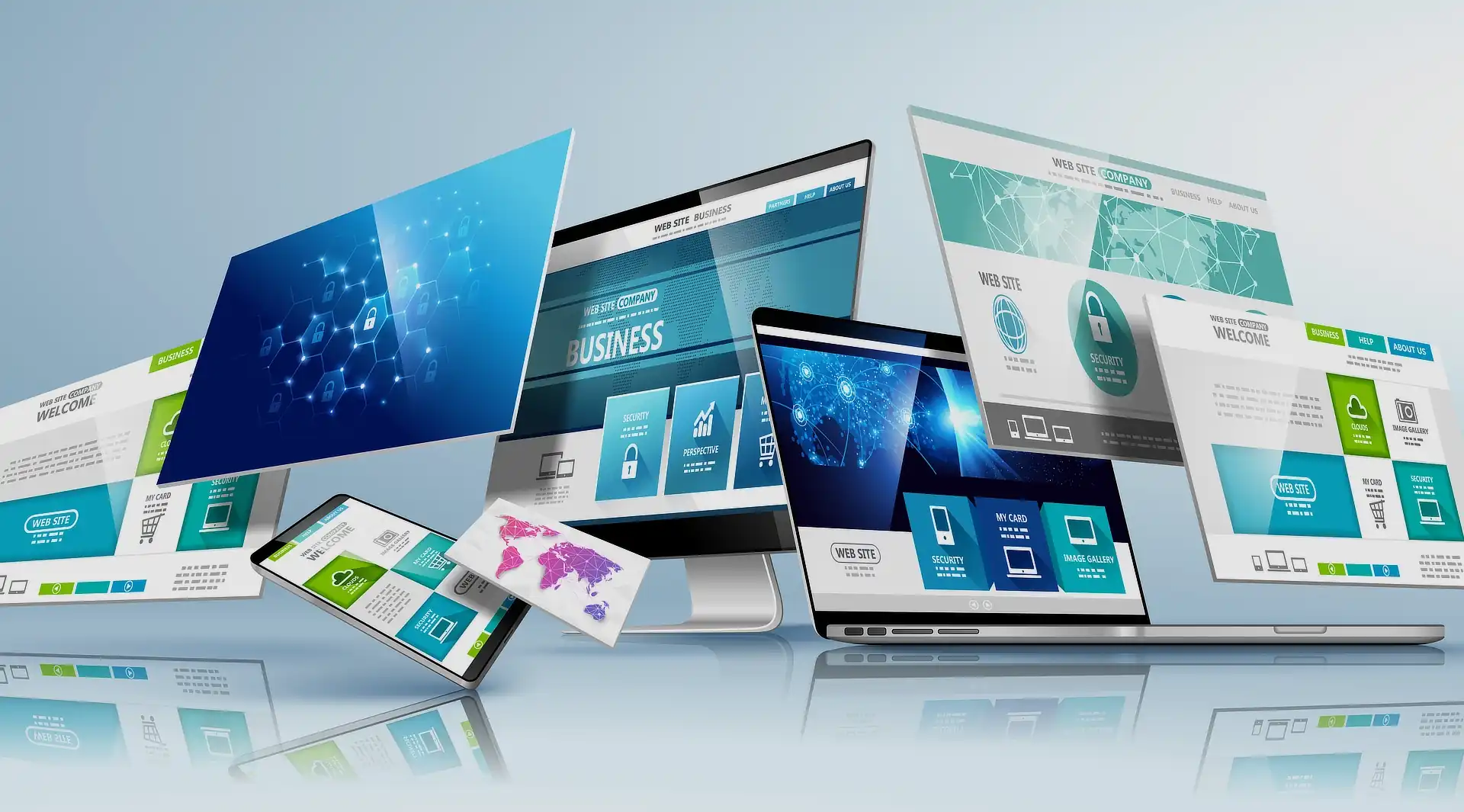 Different screens showing example websites