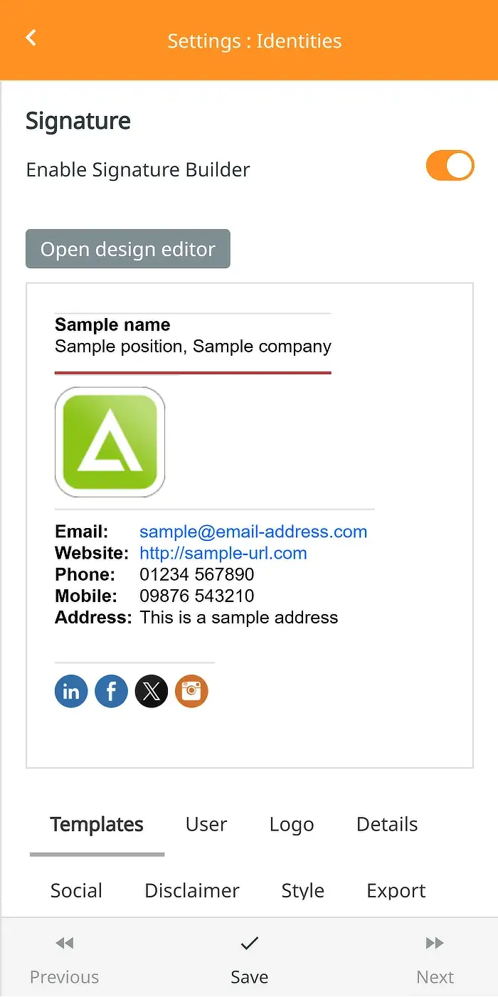 Screenshot of Absolute Email webmail signature builder