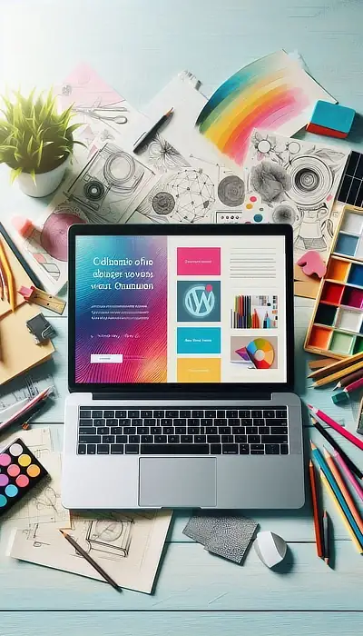 Laptop showing a bright website surrounded by designs, paints, pencils